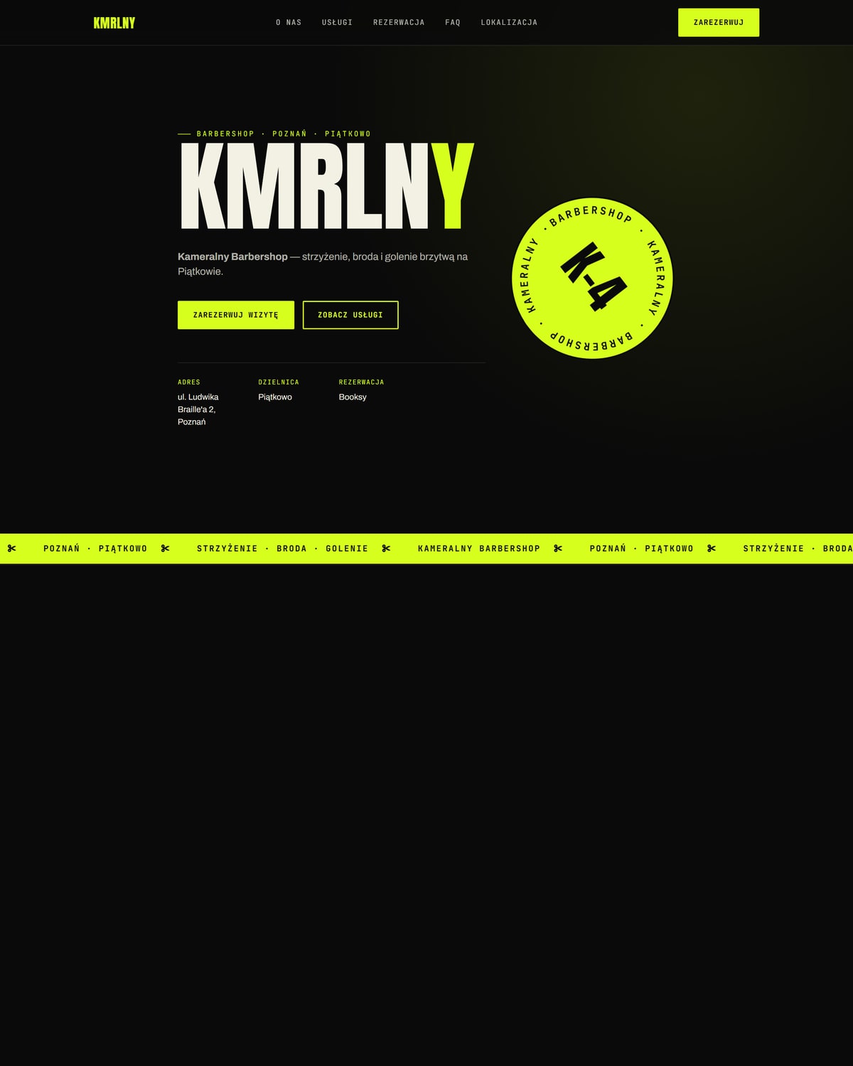 Kameralny Barbershop — zrzut strony internetowej, prowadzi do kameralnybarbershop.pl